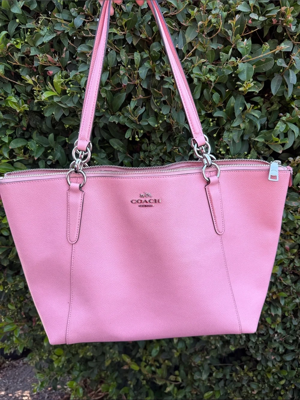 Coach Pink Leather Double-Handle Tote with Polished Hardware